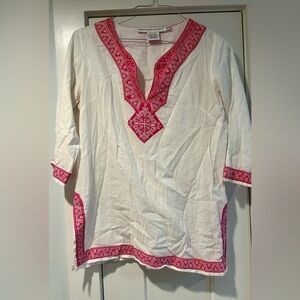 Gretchen Scott embroidered tunic top, white/pink, Sz M